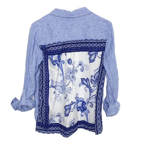 Charter Club linen blue striped shirt size medium EUC i - Picture 4 of 4